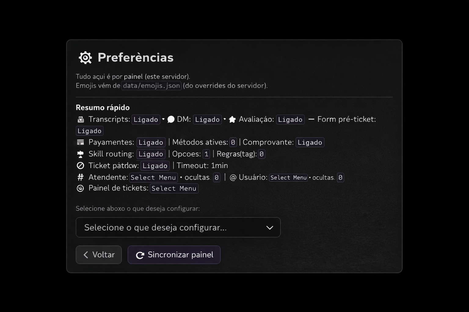 Painel de preferencias da Nori apos a edicao